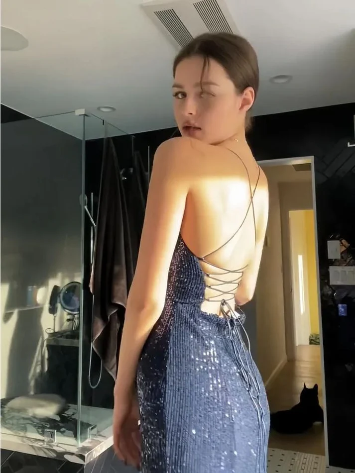 Sexy Mermaid Navy Spaghetti Straps Sequin Slit Without Sleeves Long Prom Dress, Evening Dress