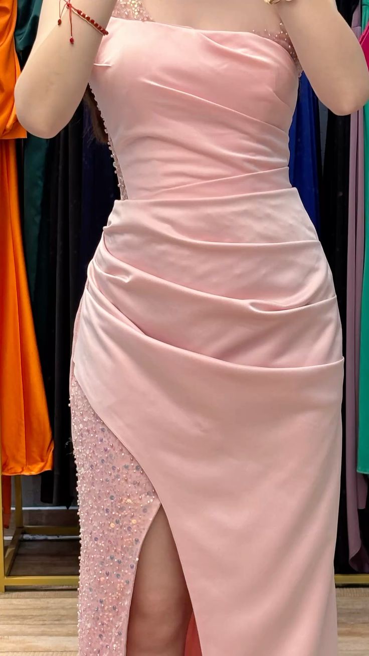 Pretty Chic Mermaid Pink Spaghetti Straps Satin Sequin Slit Without Sleeves Long Prom Dress, Evening Dress