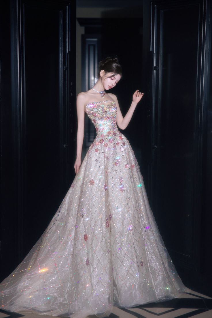 Gorgeous Shiny A Line Strapless Tulle Sequin Floral Without Sleeves Long Prom Dress, Evening Dress