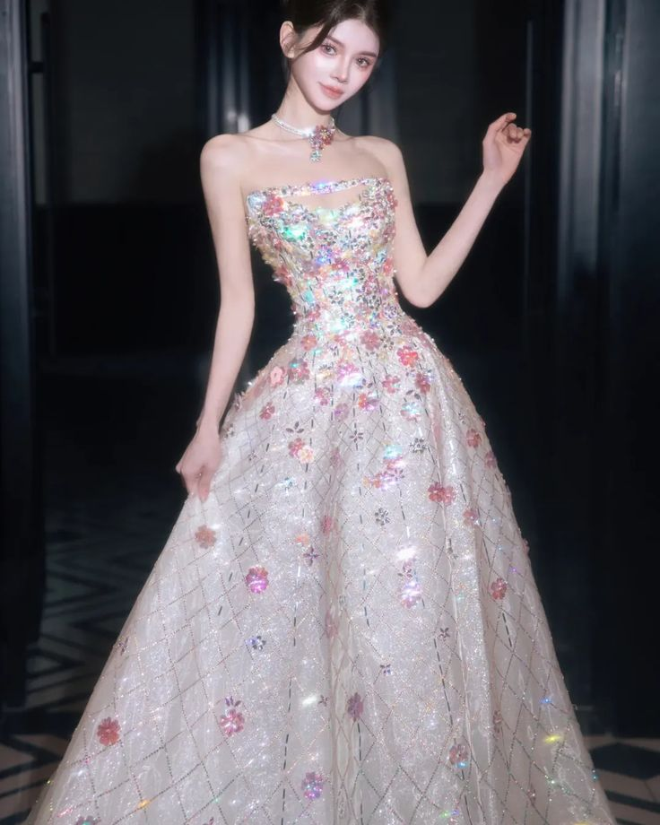 Gorgeous Shiny A Line Strapless Tulle Sequin Floral Without Sleeves Long Prom Dress, Evening Dress