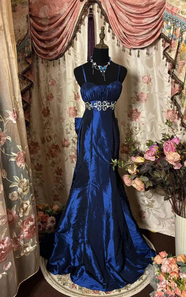 Elegant Mermaid Navy Spaghetti Straps Satin Without Sleeves Long Prom Dress, Evening Dress