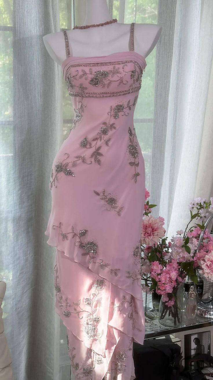 Pretty Pink Mermaid Spaghetti Straps Tiered Chiffon Sequin Without Sleeves Long Prom Dress, Evening Dress