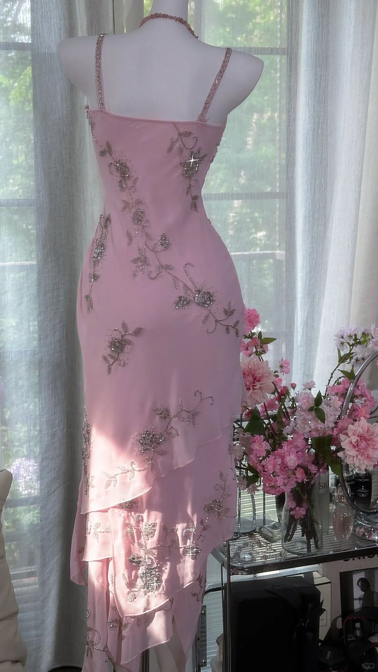 Pretty Pink Mermaid Spaghetti Straps Tiered Chiffon Sequin Without Sleeves Long Prom Dress, Evening Dress