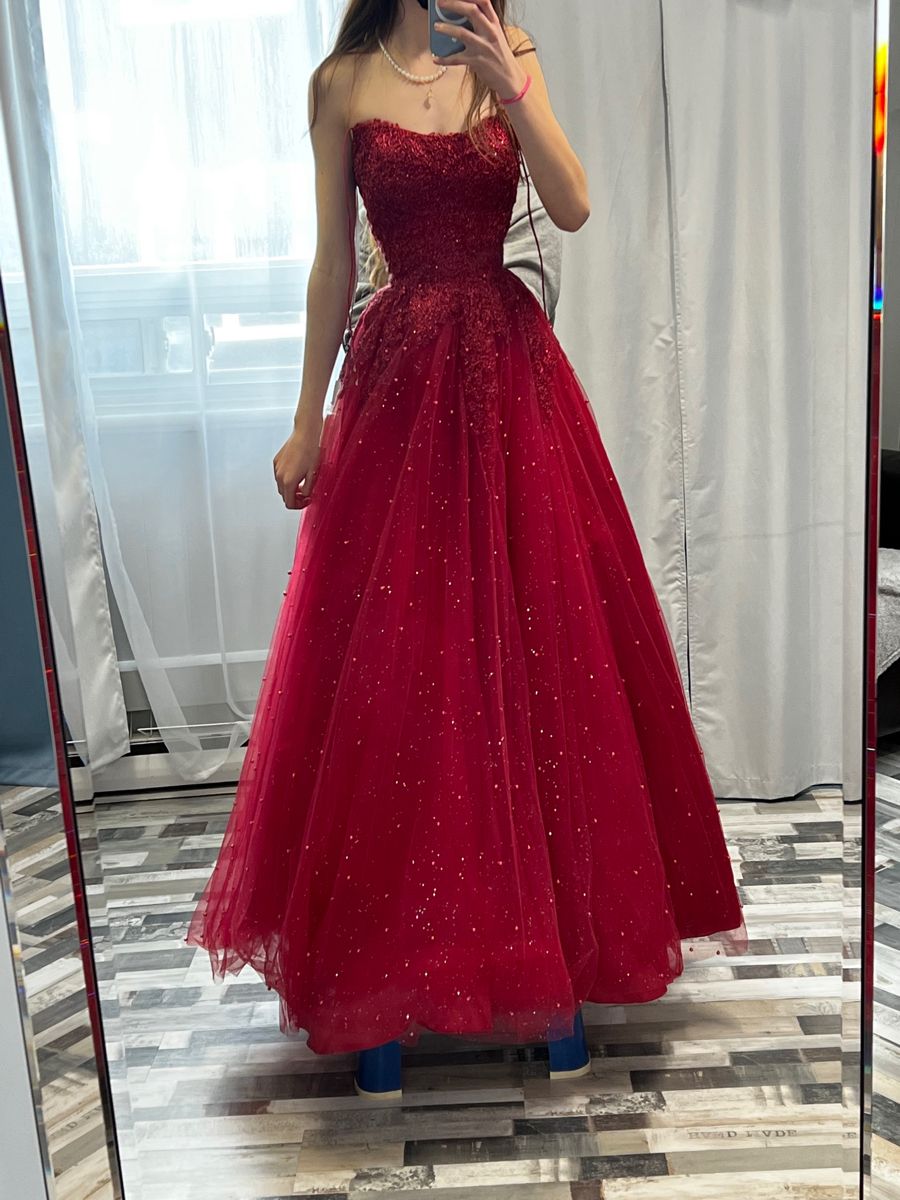 Shiny Burgundy A Line Strapless Tulle Sequin Without Sleeves Long Prom Dress, Evening Dress