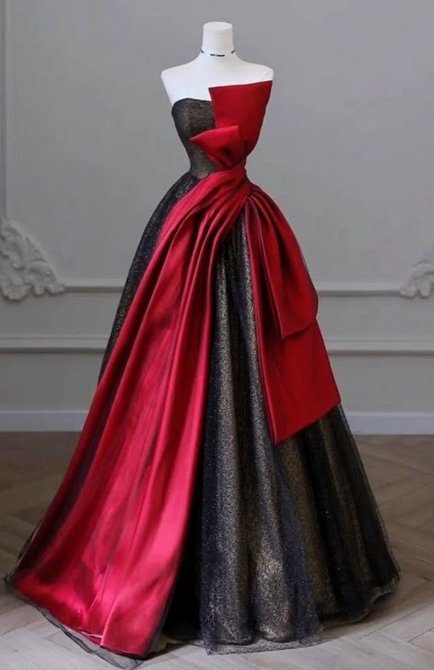 Unique A Line Strapless Satin Tulle Without Sleeves Long Prom Dress, Evening Dress
