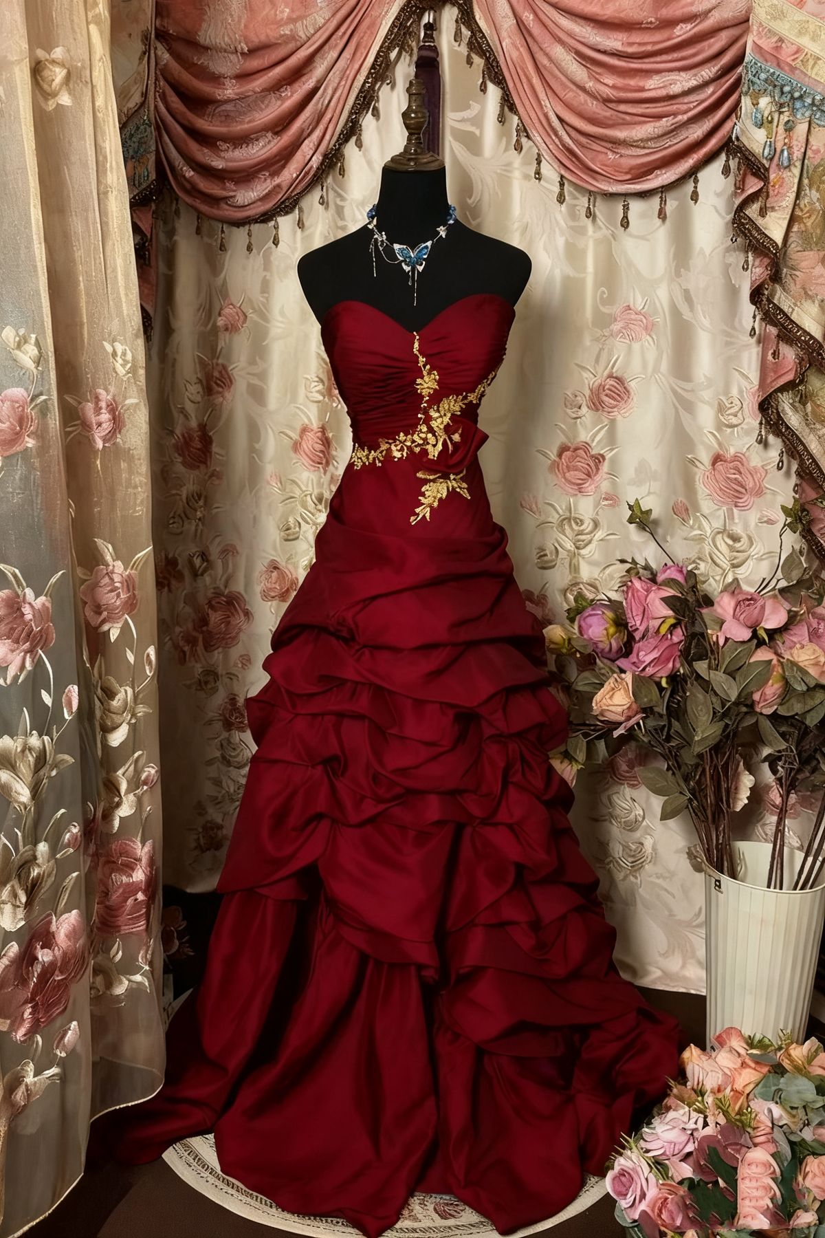 Vintage Burgundy A Line Strapless Satin Embroidery Without Sleeves Long Prom Dress, Evening Dress