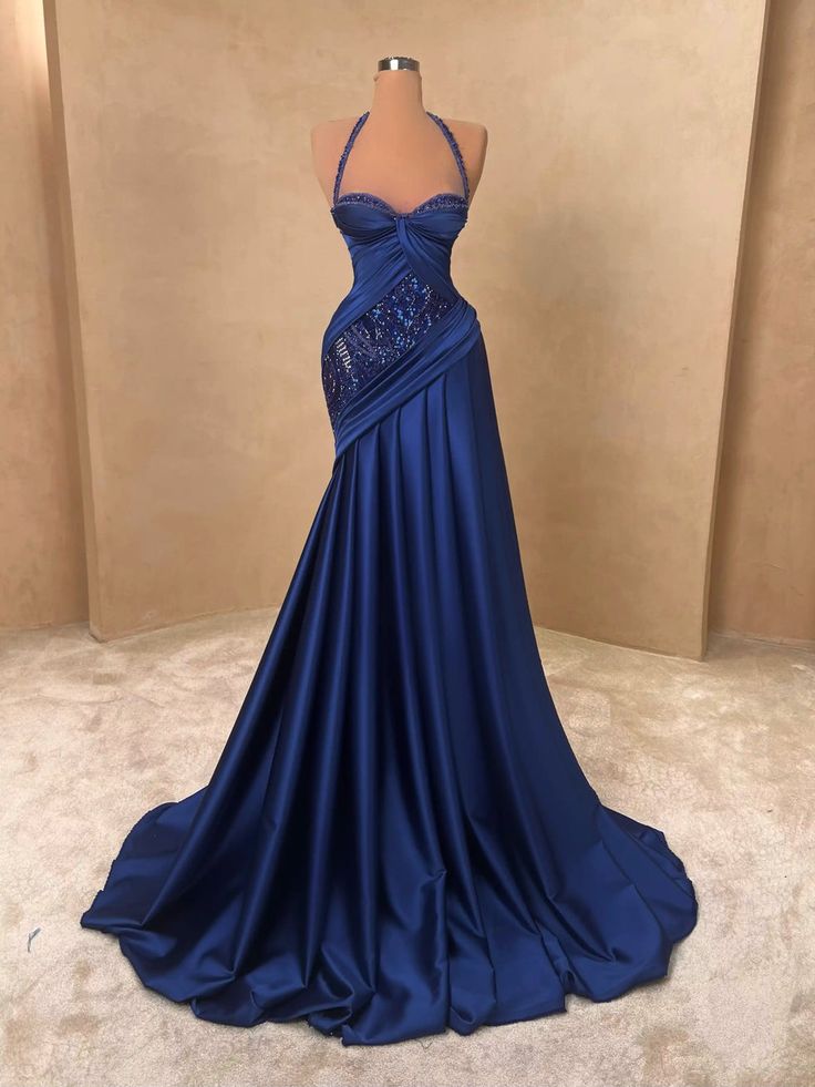 Chic Mermaid Halter Satin Sequin Beaded Without Sleeves Long Prom Dress, Evening Dress