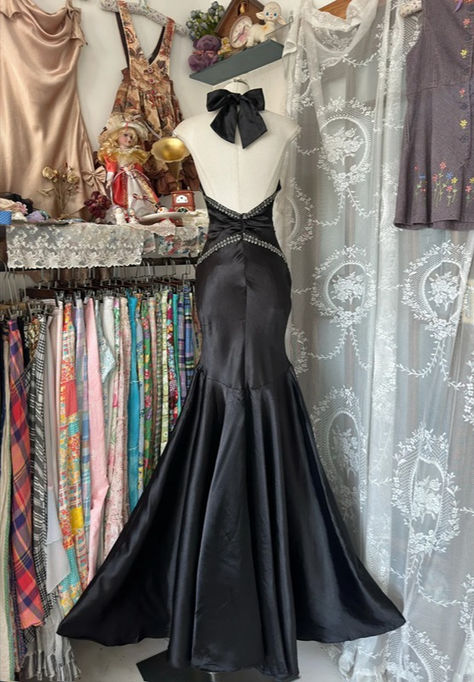 Retro Black Halter Mermaid Satin Beaded Backless Without Sleeves Long Prom Dress, Evening Dress