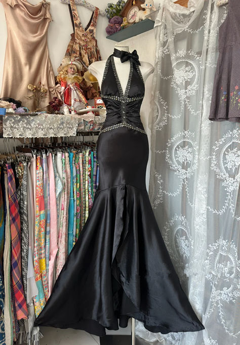 Retro Black Halter Mermaid Satin Beaded Backless Without Sleeves Long Prom Dress, Evening Dress