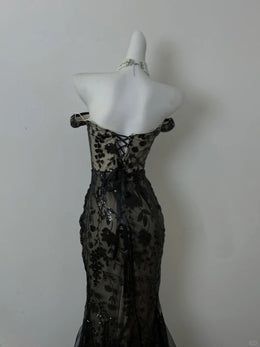 Chic Mermaid Black Off The Shoulder Lace Without Sleeves Long Prom Dress, Evening Dress