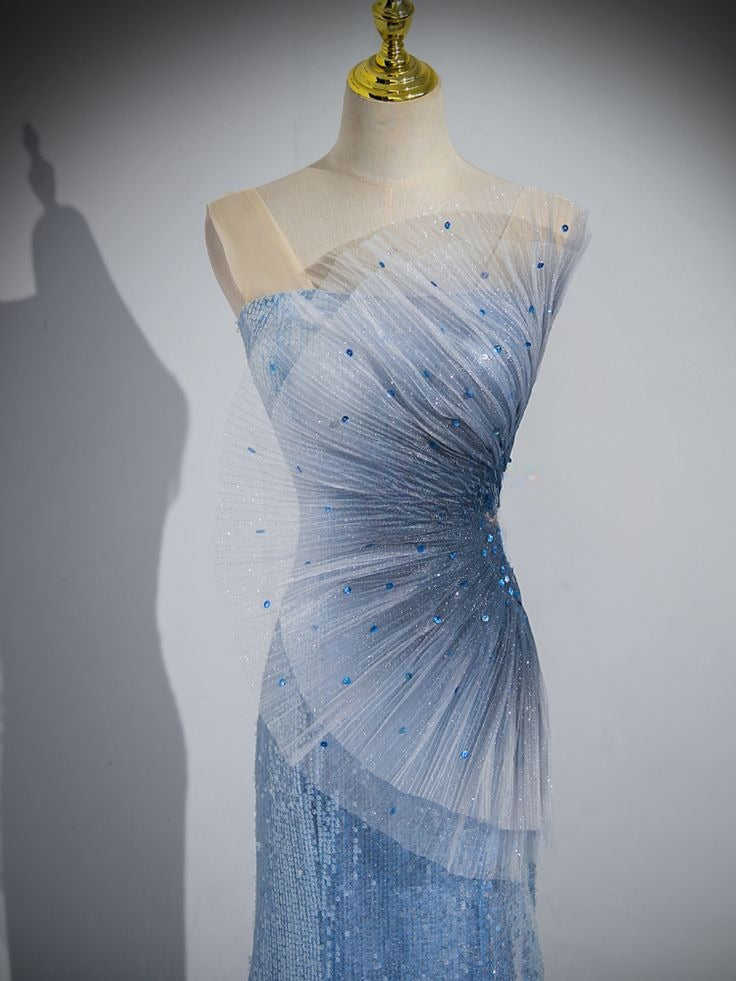 Sparkly Mermaid Strapless Tulle Sequin Beaded Without Sleeves Long Prom Dress, Evening Dress