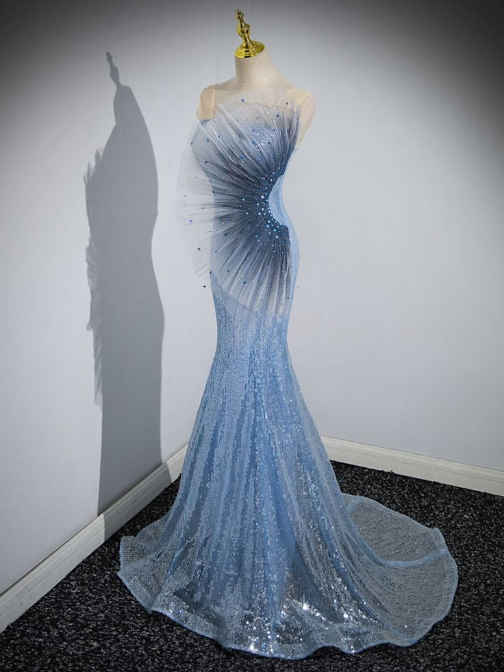 Sparkly Mermaid Strapless Tulle Sequin Beaded Without Sleeves Long Prom Dress, Evening Dress