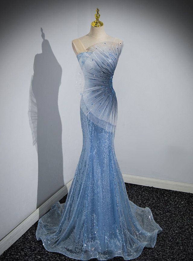Sparkly Mermaid Strapless Tulle Sequin Beaded Without Sleeves Long Prom Dress, Evening Dress