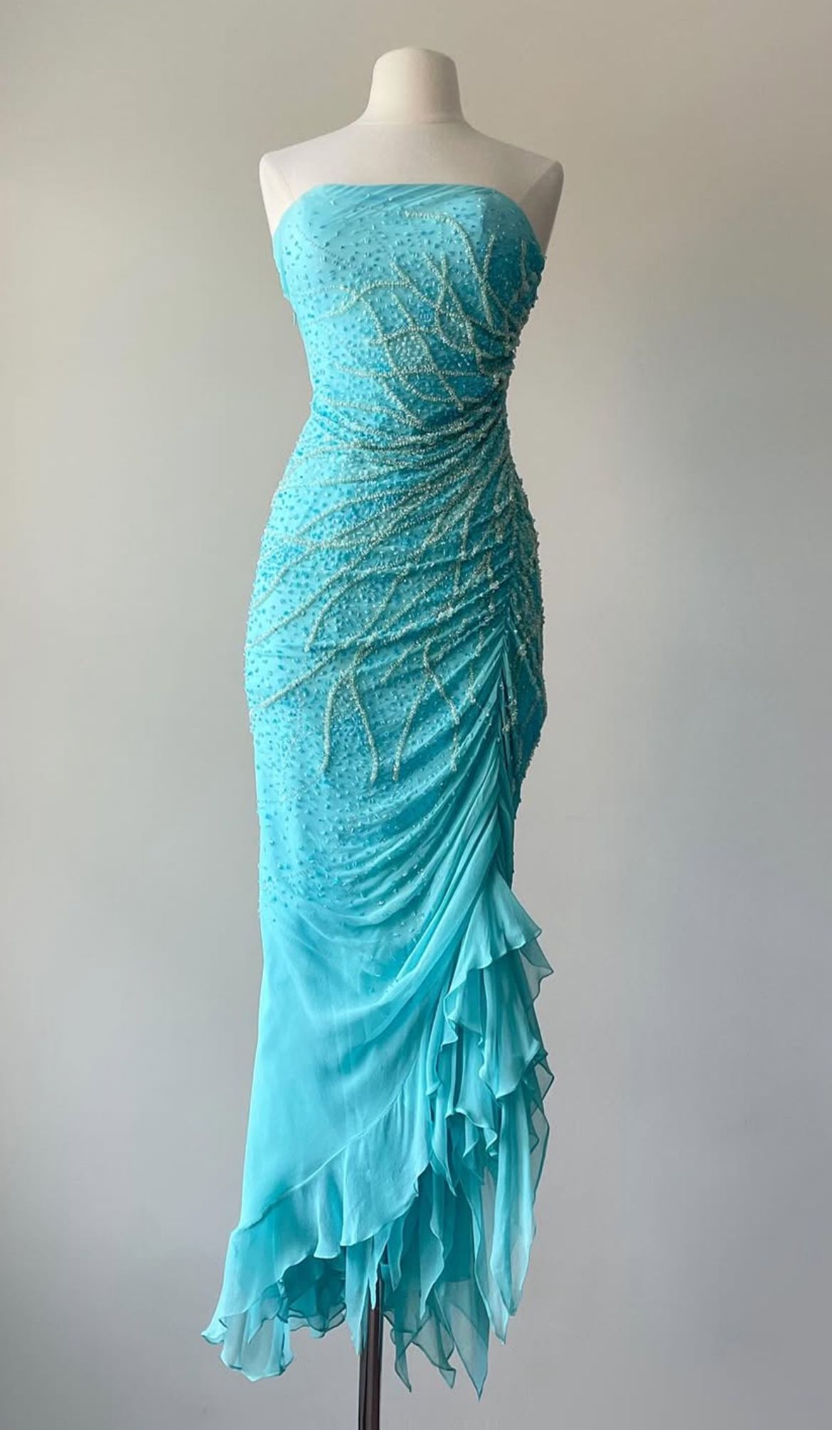 Unique Mermaid Strapless Chiffon Beaded Without Sleeves Long Prom Dress, Evening Dress