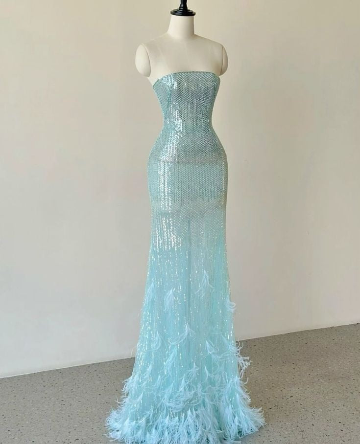 Unique Mermaid Strapless Sequin Feather Without Sleeves Long Prom Dress, Evening Dress
