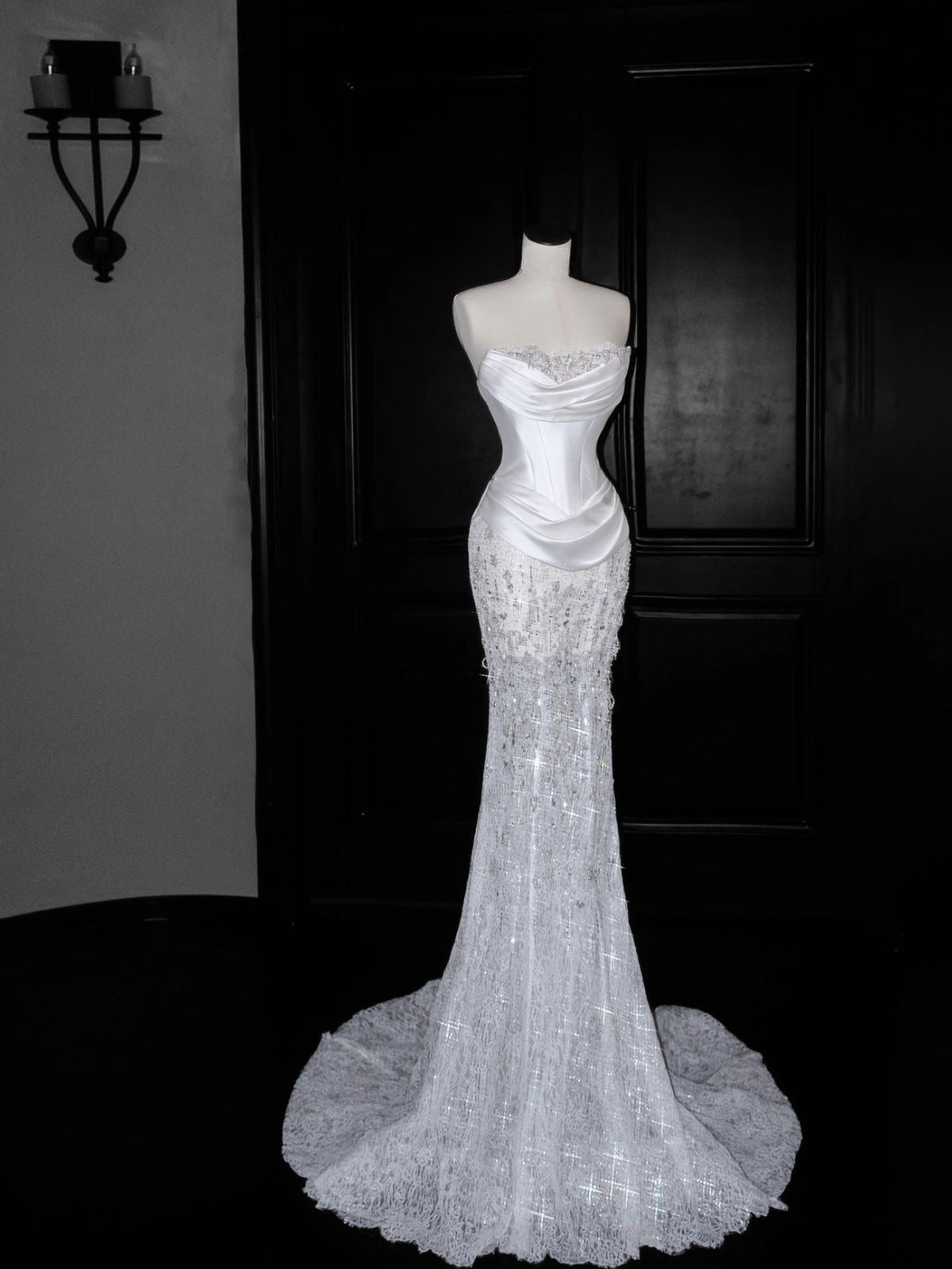 Gorgeous Mermaid Strapless White Satin Sequin Without Sleeves Long Prom Dress, Evening Dress
