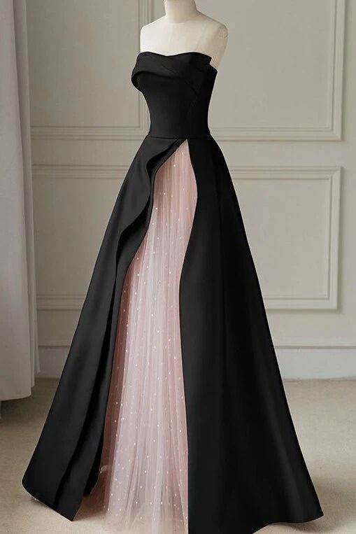 Strapless Satin Pearls Tulle Long Prom Dresses Party Dress