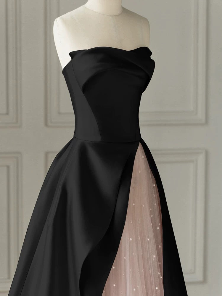 Strapless Satin Pearls Tulle Long Prom Dresses Party Dress