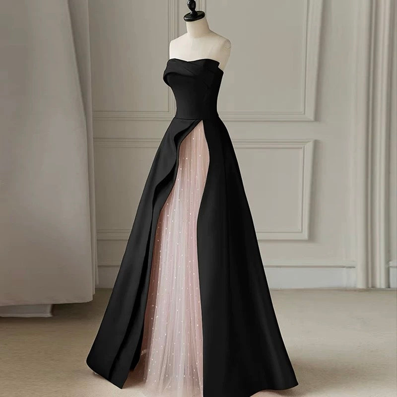 Strapless Satin Pearls Tulle Long Prom Dresses Party Dress