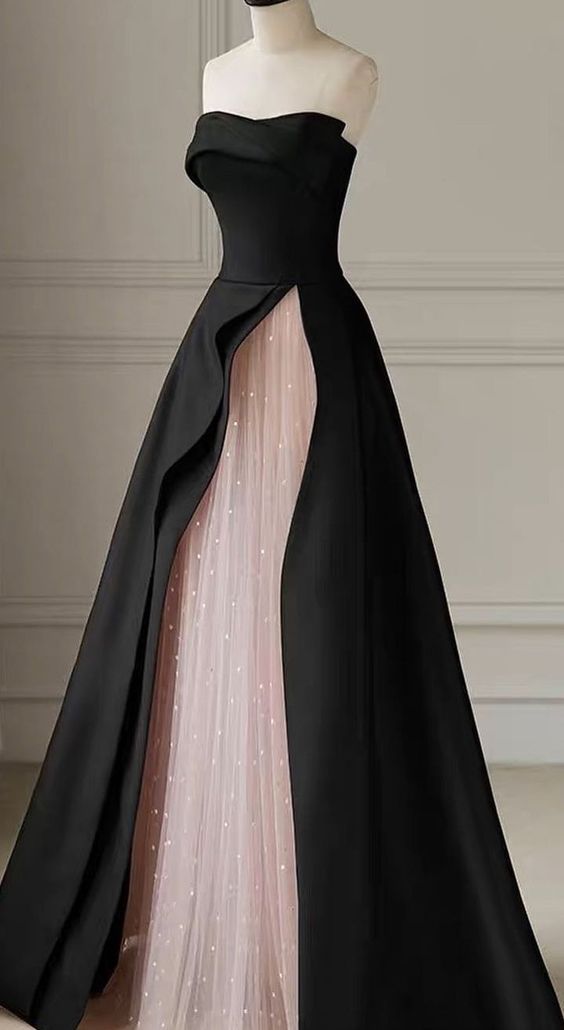 Strapless Satin Pearls Tulle Long Prom Dresses Party Dress