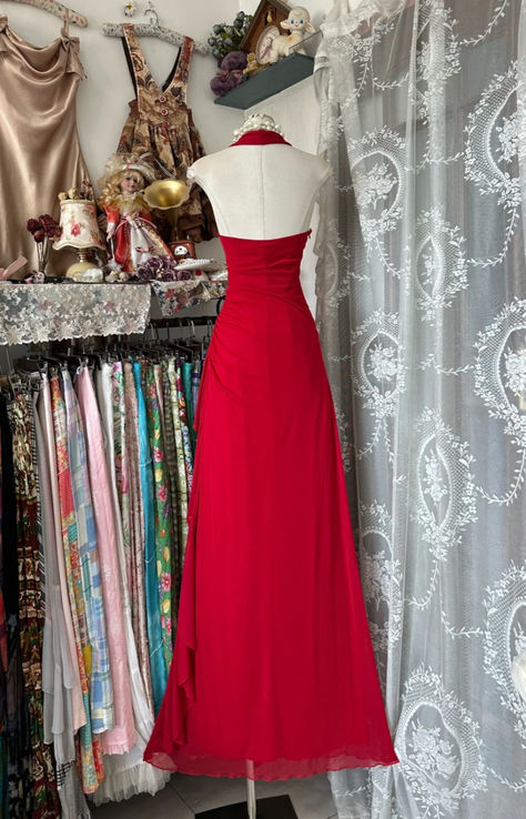 Elegant A Line Halter Red Ruffle Chiffon Without Sleeves Long Prom Dress, Evening Dress