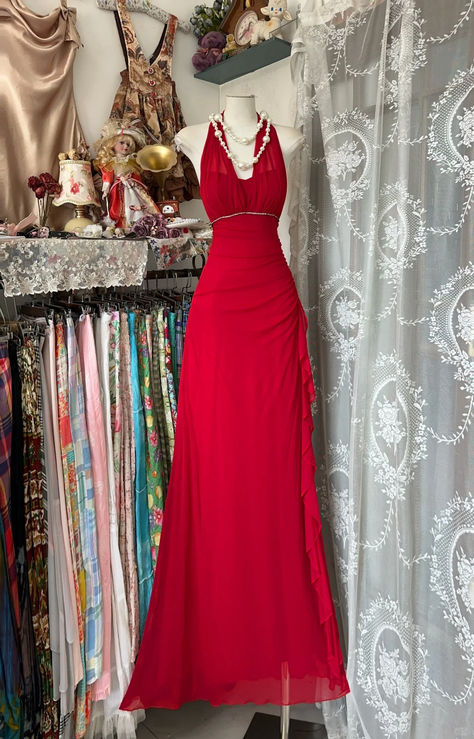 Elegant A Line Halter Red Ruffle Chiffon Without Sleeves Long Prom Dress, Evening Dress