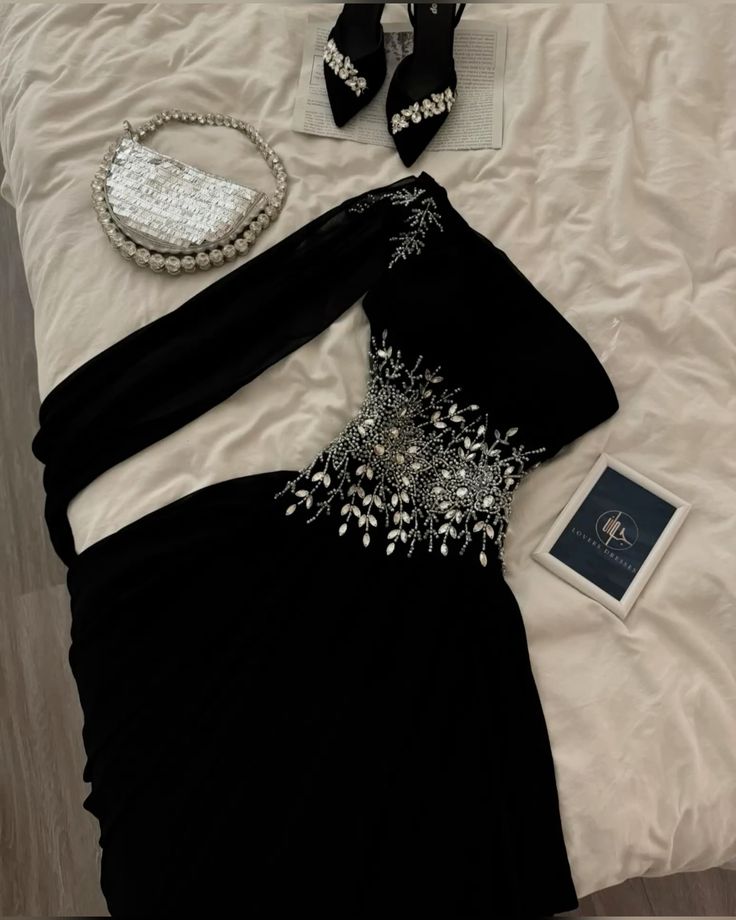 Black A Line One Shoulder Satin Beaded Without Sleeves Long Prom Dress, Evening Dress