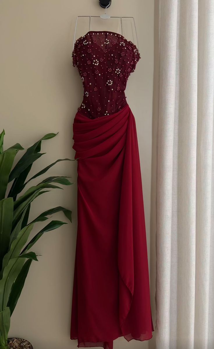 Pretty Mermaid Burgundy Strapless Pleated Chiffon Beaded Without Sleeves Long Prom Dress, Evening Dress
