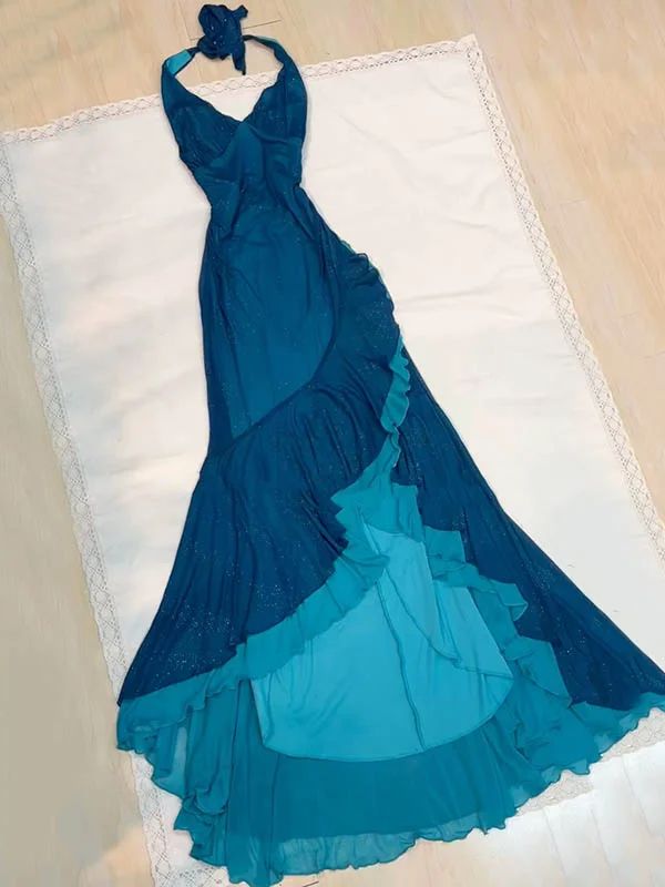 Chic Mermaid Halter Chiffon Without Sleeves Long Prom Dress, Evening Dress