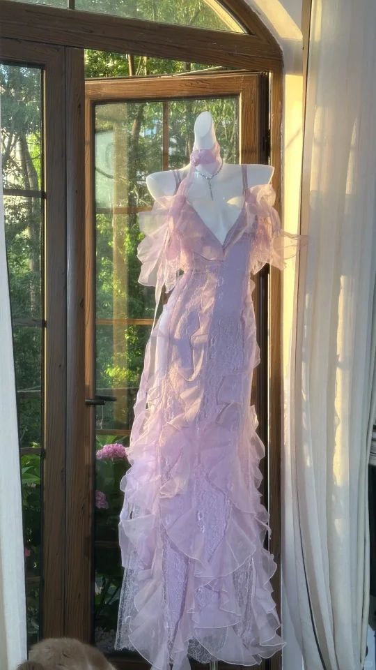 Charming Mermaid Spaghetti Straps Satin Ruffle Tulle Without Sleeves Long Prom Dress, Evening Dress