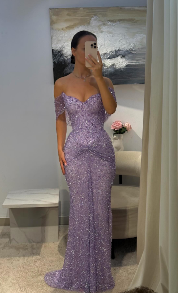 Shiny Lilac Mermaid Off The Shoulder Sequin Without Sleeves Long Prom Dress, Evening Dress