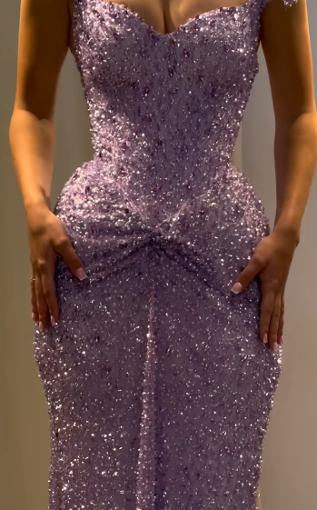 Shiny Lilac Mermaid Off The Shoulder Sequin Without Sleeves Long Prom Dress, Evening Dress