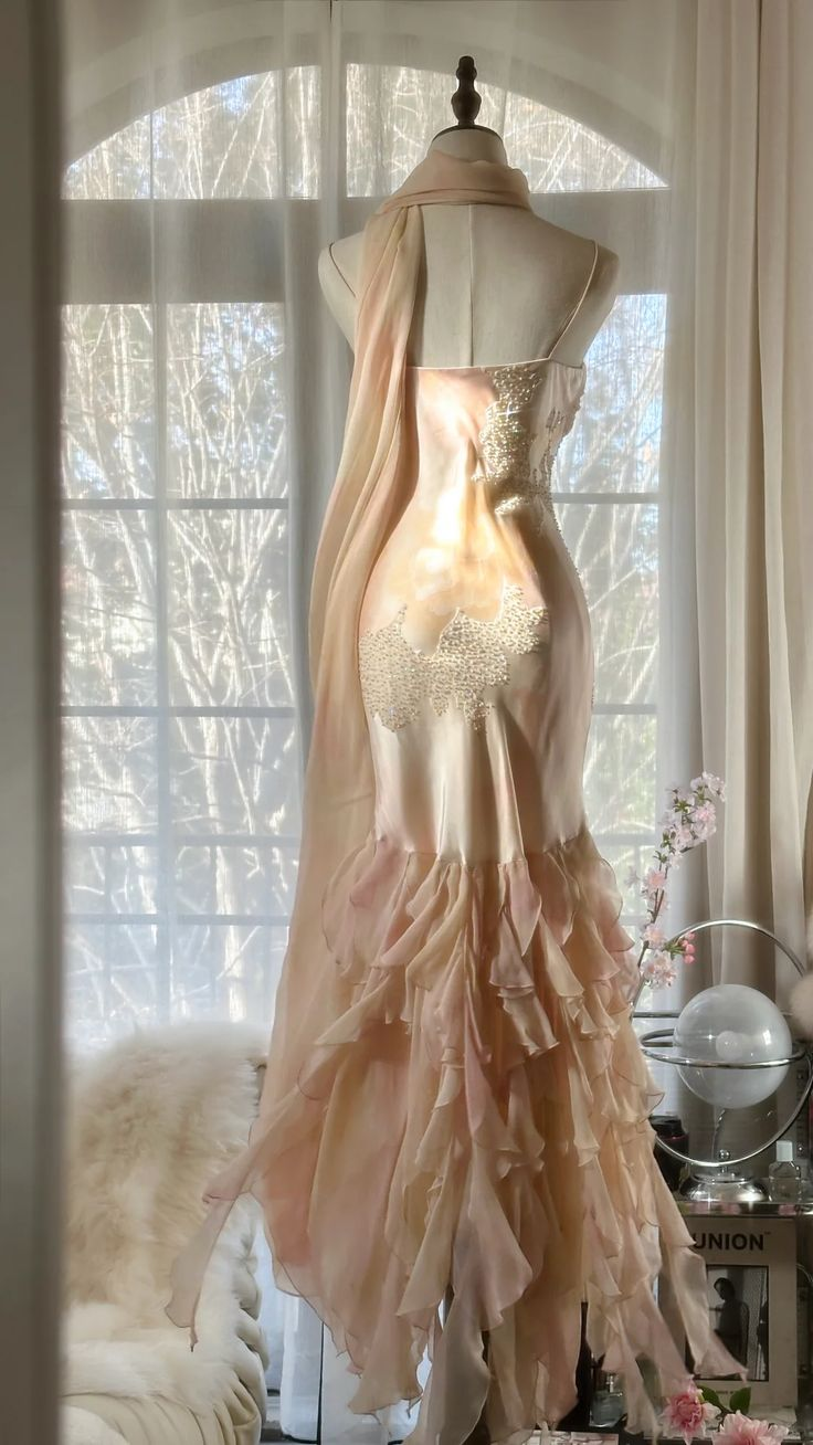 Chic Mermaid Spaghetti Straps Satin Ruffle Chiffon Beaded Without Sleeves Long Prom Dress, Evening Dress