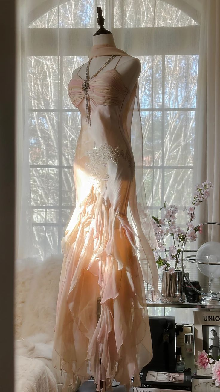 Chic Mermaid Spaghetti Straps Satin Ruffle Chiffon Beaded Without Sleeves Long Prom Dress, Evening Dress