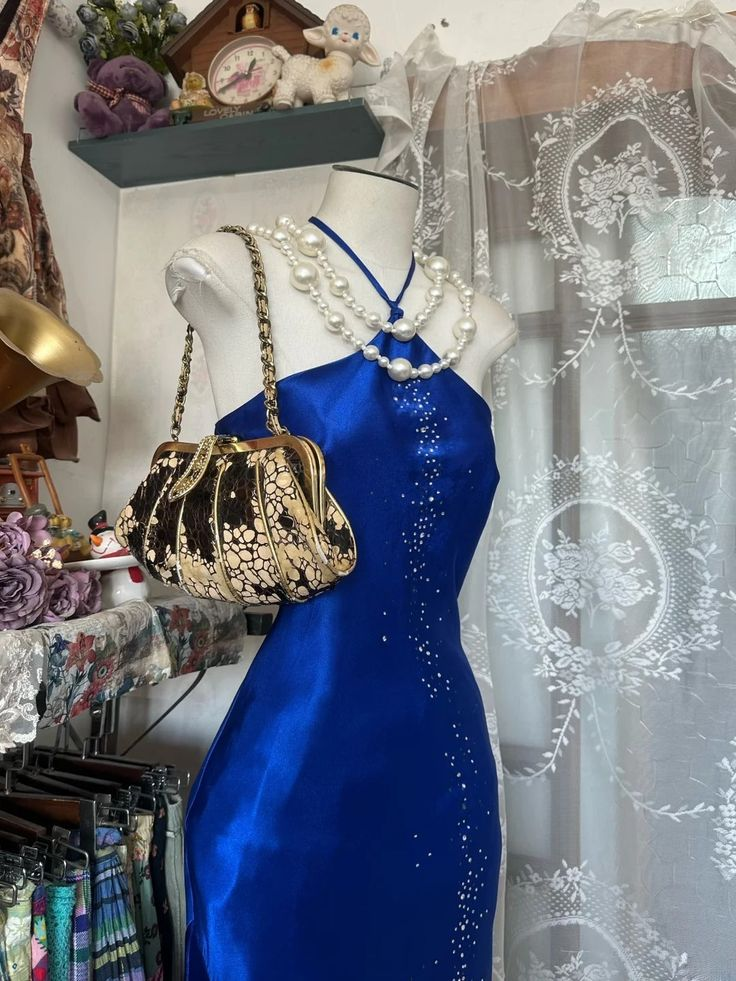 Obessed Mermaid Halter Royal Blue Satin Bedaed Backless Without Sleeves Long Prom Dress, Evening Dress
