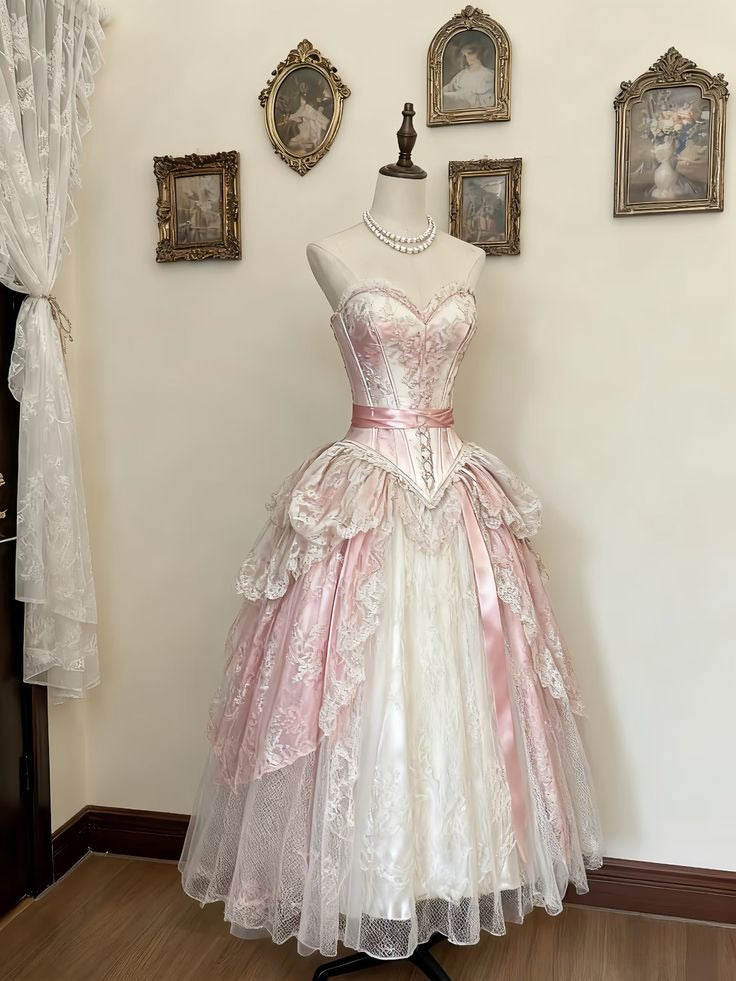 Vintage Ball Gown Sweetheart Satin Lace Without Sleeves Long Prom Dress, Evening Dress