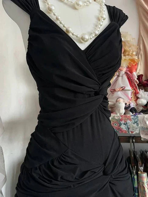 Elegant A Line Black V Neck Pleated Satin Without Sleeves Long Prom Dress, Evening Dress