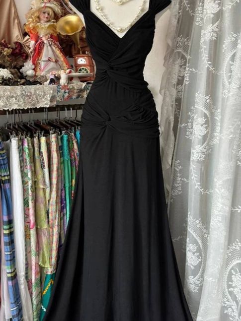 Elegant A Line Black V Neck Pleated Satin Without Sleeves Long Prom Dress, Evening Dress