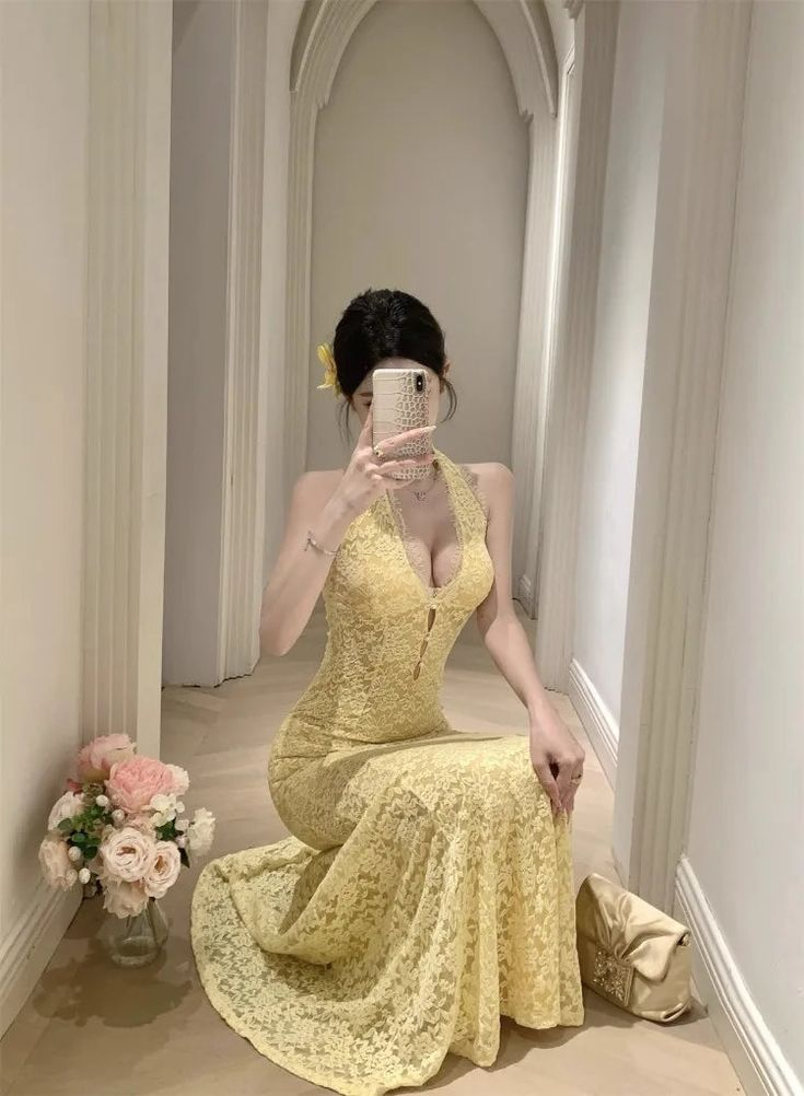 Sexy Pastel Yellow Mermaid Halter Lace Without Sleeves Long Prom Dress, Evening Dress