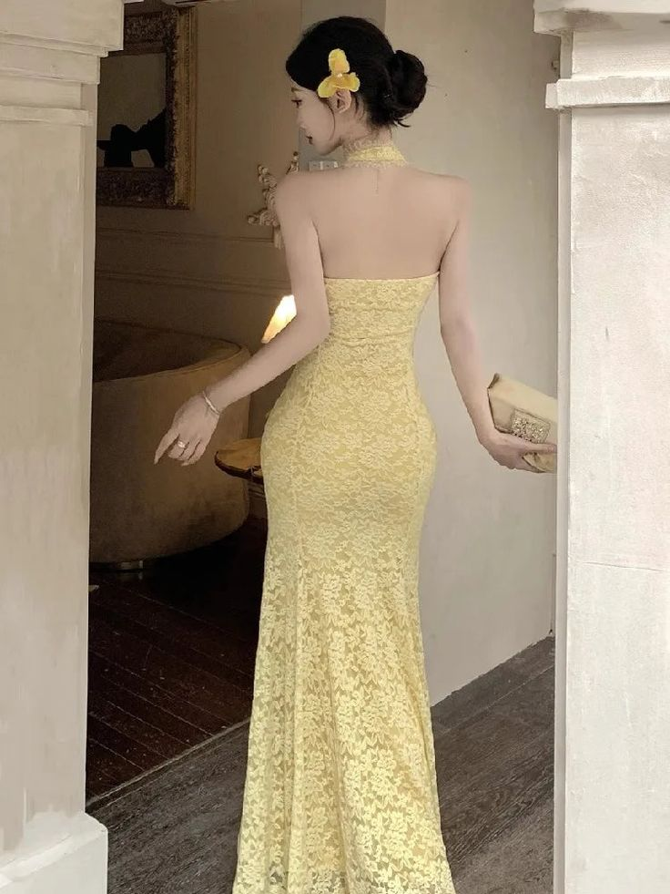 Sexy Pastel Yellow Mermaid Halter Lace Without Sleeves Long Prom Dress, Evening Dress