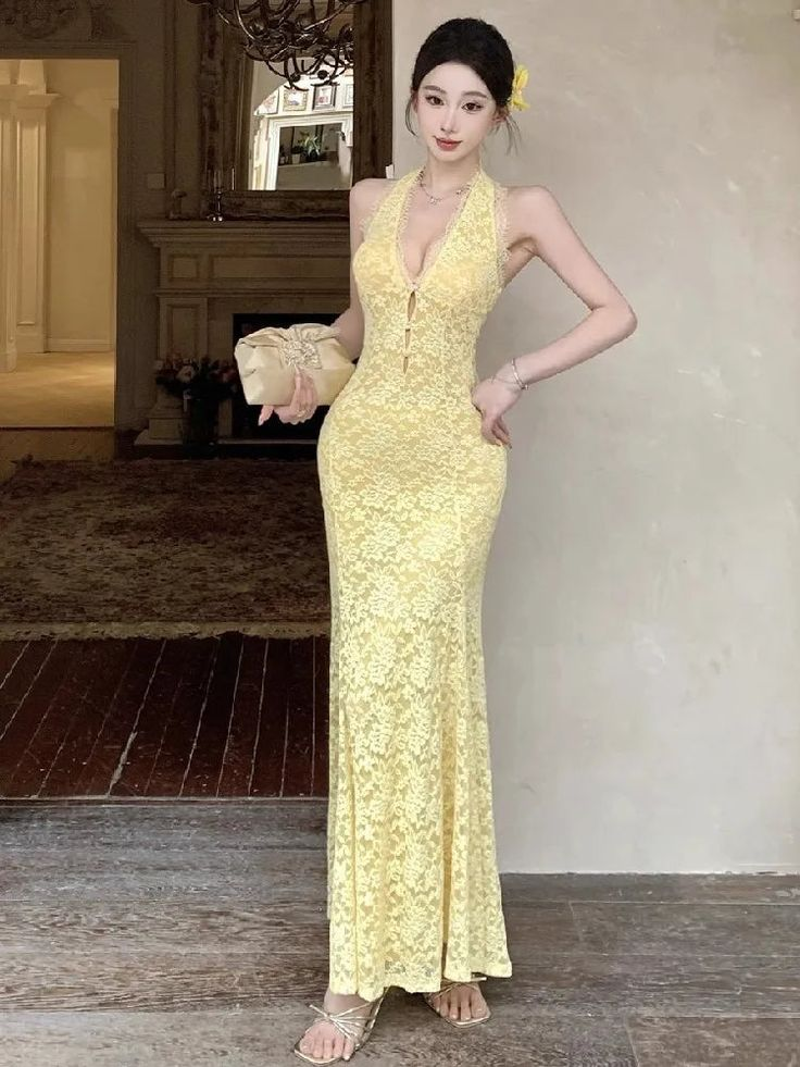 Sexy Pastel Yellow Mermaid Halter Lace Without Sleeves Long Prom Dress, Evening Dress