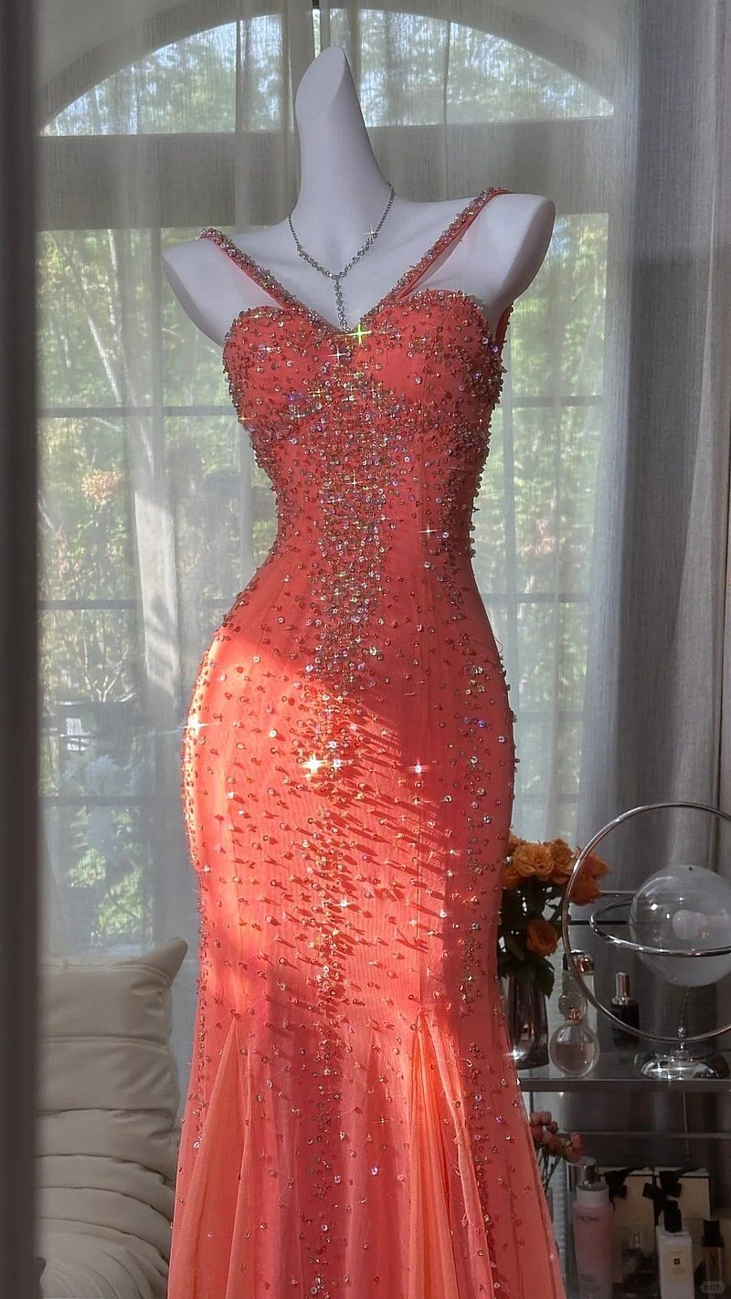 Gorgeous Mermaid Spaghetti Straps Watermelon Tulle Sequin Without Sleeves Long Prom Dress, Evening Dress