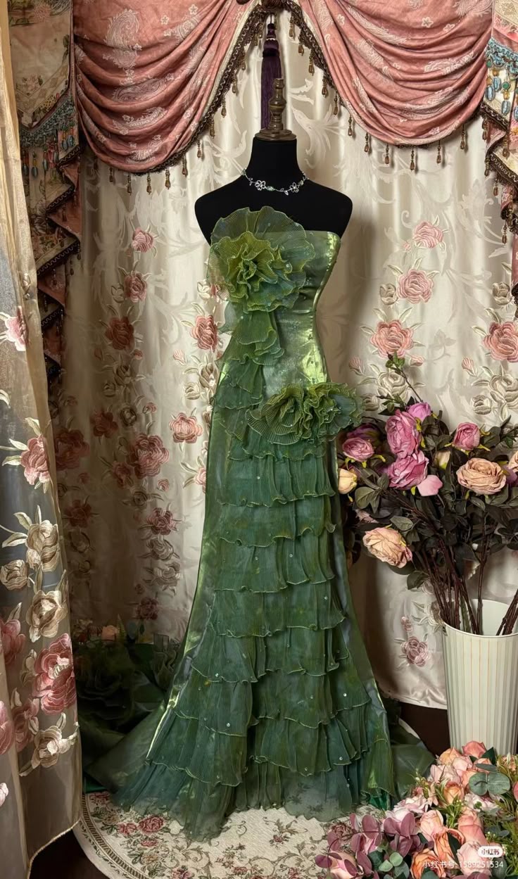 Vintage Mermaid Strapless Satin Tiered Chiffon Without Sleeves Long Prom Dress, Evening Dress