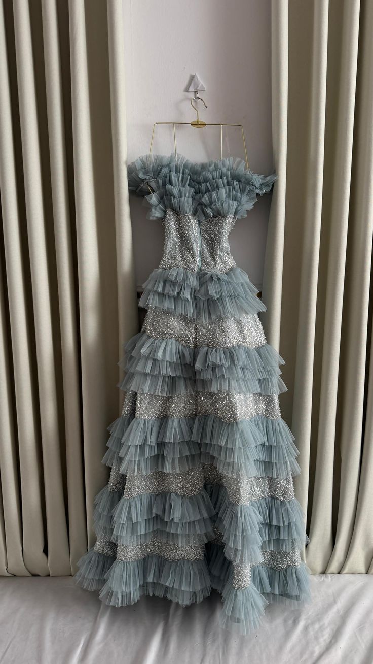 Chic A Line Strapless Tiered Tulle Sequin Beaded Without Sleeves Long Prom Dress, Evening Dress