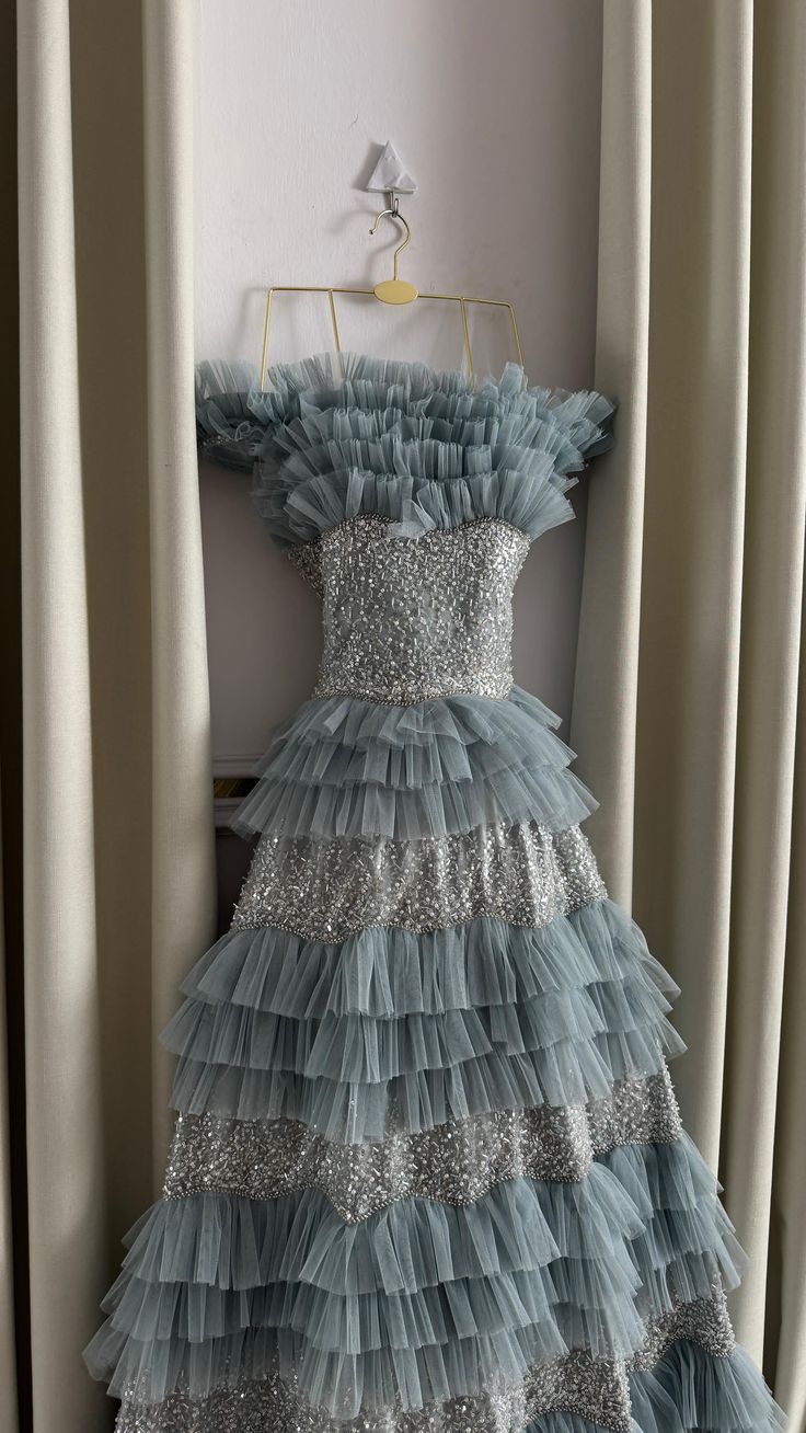 Chic A Line Strapless Tiered Tulle Sequin Beaded Without Sleeves Long Prom Dress, Evening Dress