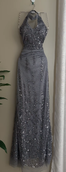 Shiny Gray Mermaid Halter Tulle Sequin Without Sleeves Long Prom Dress, Evening Dress