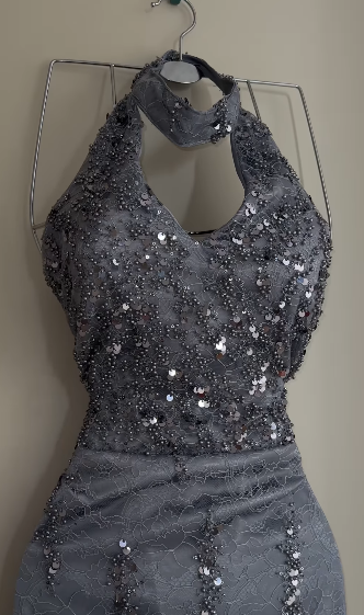 Shiny Gray Mermaid Halter Tulle Sequin Without Sleeves Long Prom Dress, Evening Dress