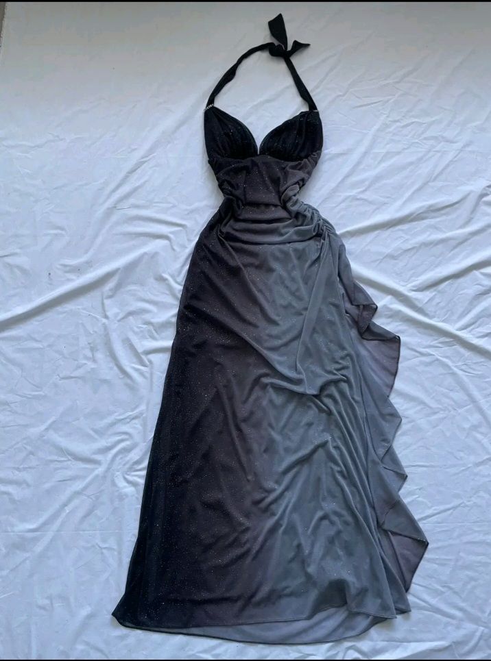 Gradient Mermaid Halter Chiffon Sequin Ruffle Without Sleeves Long Prom Dress, Evening Dress