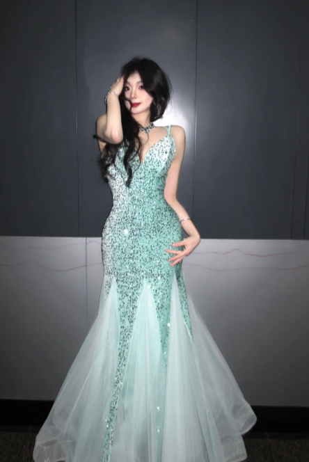 Shiny Mint Green Mermaid Spaghetti Straps Tulle Sequin Without Sleeves Long Prom Dress, Evening Dress