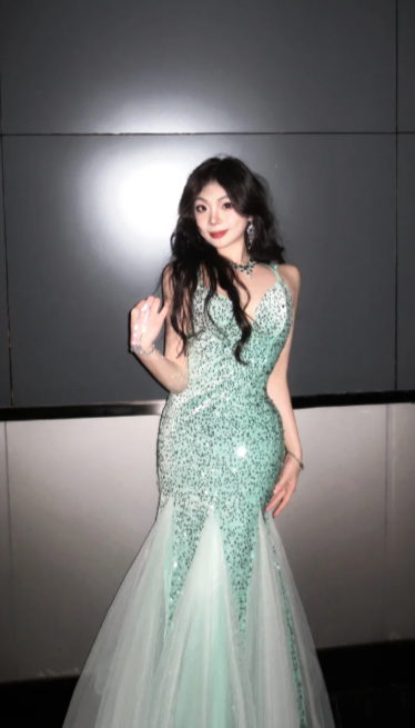 Shiny Mint Green Mermaid Spaghetti Straps Tulle Sequin Without Sleeves Long Prom Dress, Evening Dress